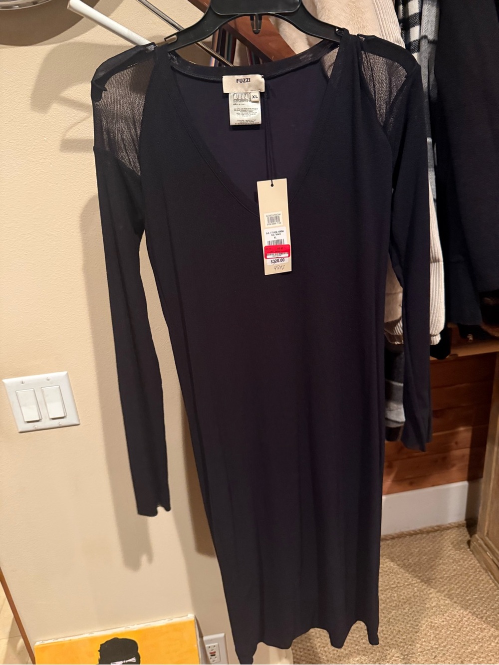 FUZZI Black Long Sleeve V-Neck Mesh Shoulder Dress